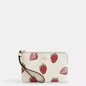 Coach White Strawberry Print Leather Wristlet with Pink Accents